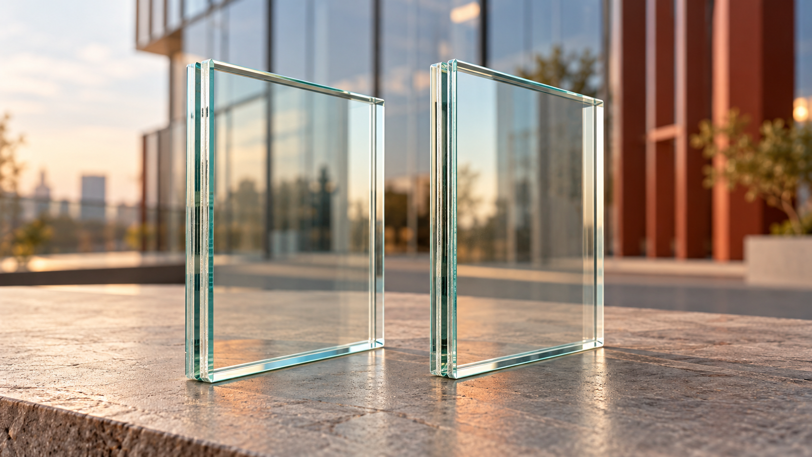 Two laminated glass samples with visible layered edges, displayed in front of a modern glass facade.